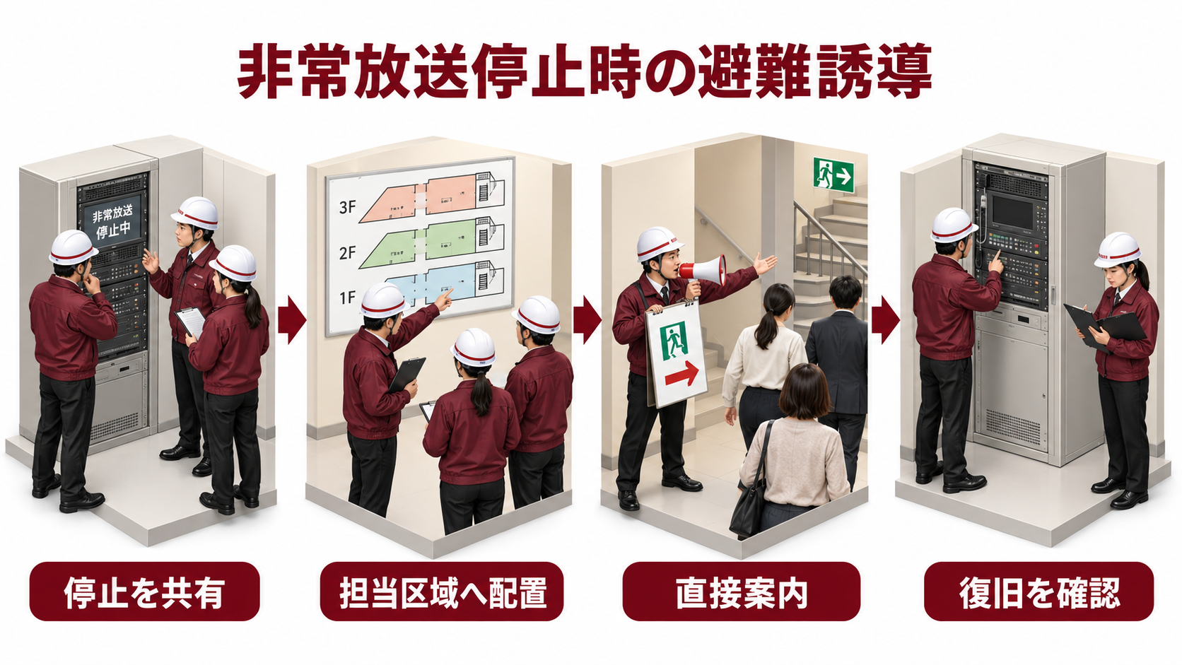 非常放送停止を共有して区域担当を配置し直接案内から復旧確認へつなぐ流れのアイソメ図