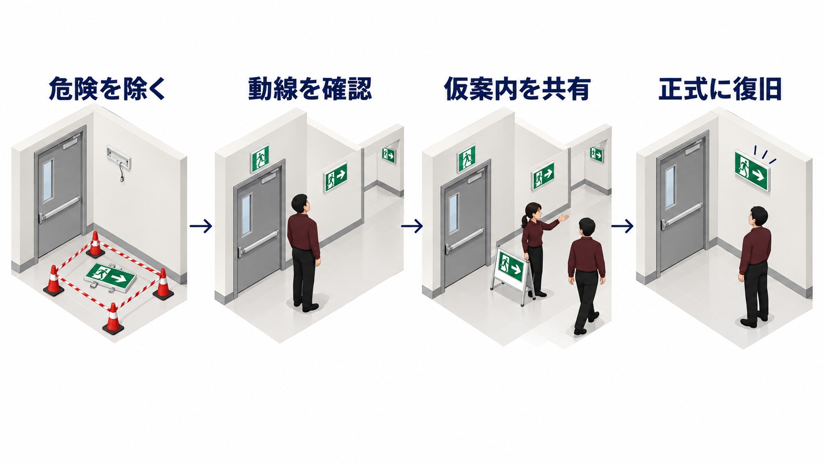 避難口誘導標識が落ちたとき床の危険除去から動線確認と仮案内を経て正式復旧へ進む横長インフォグラフィック