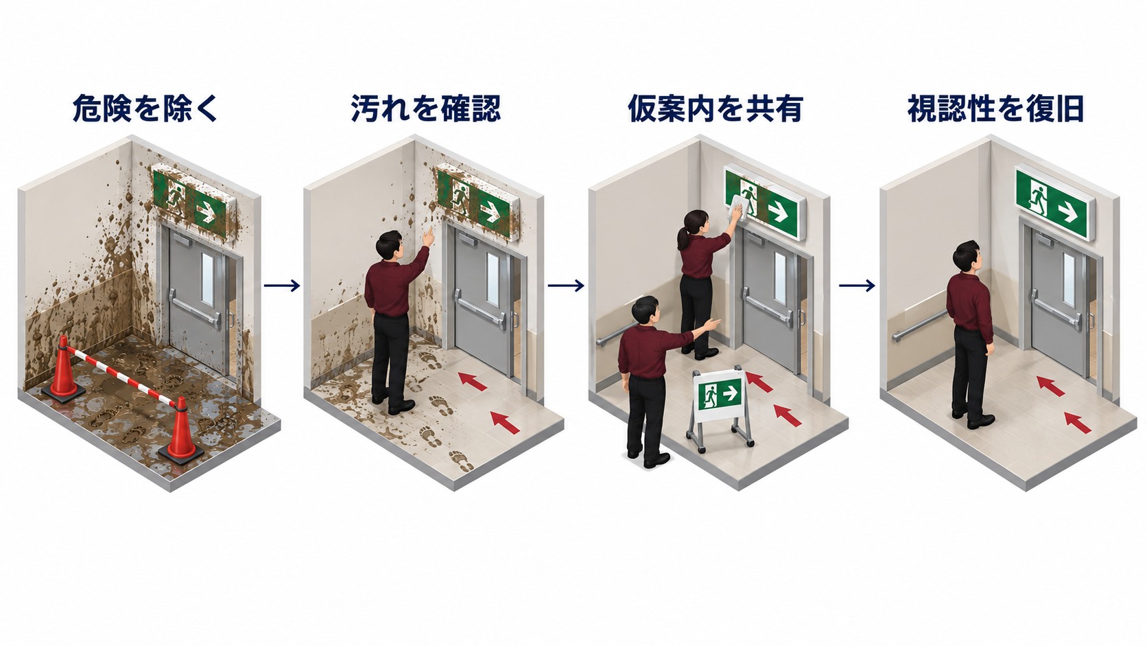 浸水後に泥で見えない避難口誘導標識を危険除去から仮案内と視認性復旧へつなぐ横長インフォグラフィック