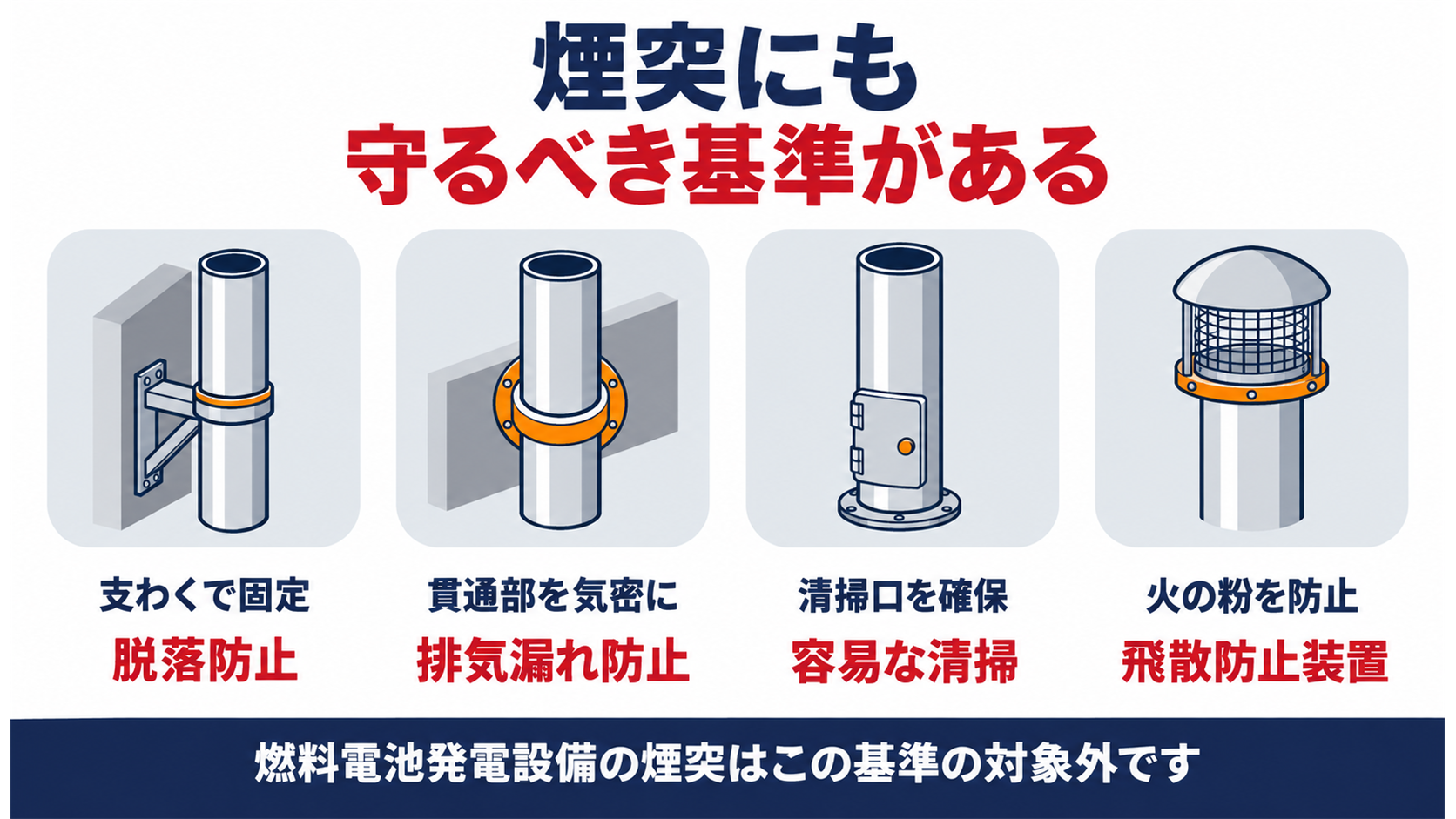 煙突の固定気密構造清掃火の粉防止という基準と燃料電池発電設備が対象外になることを示した図解