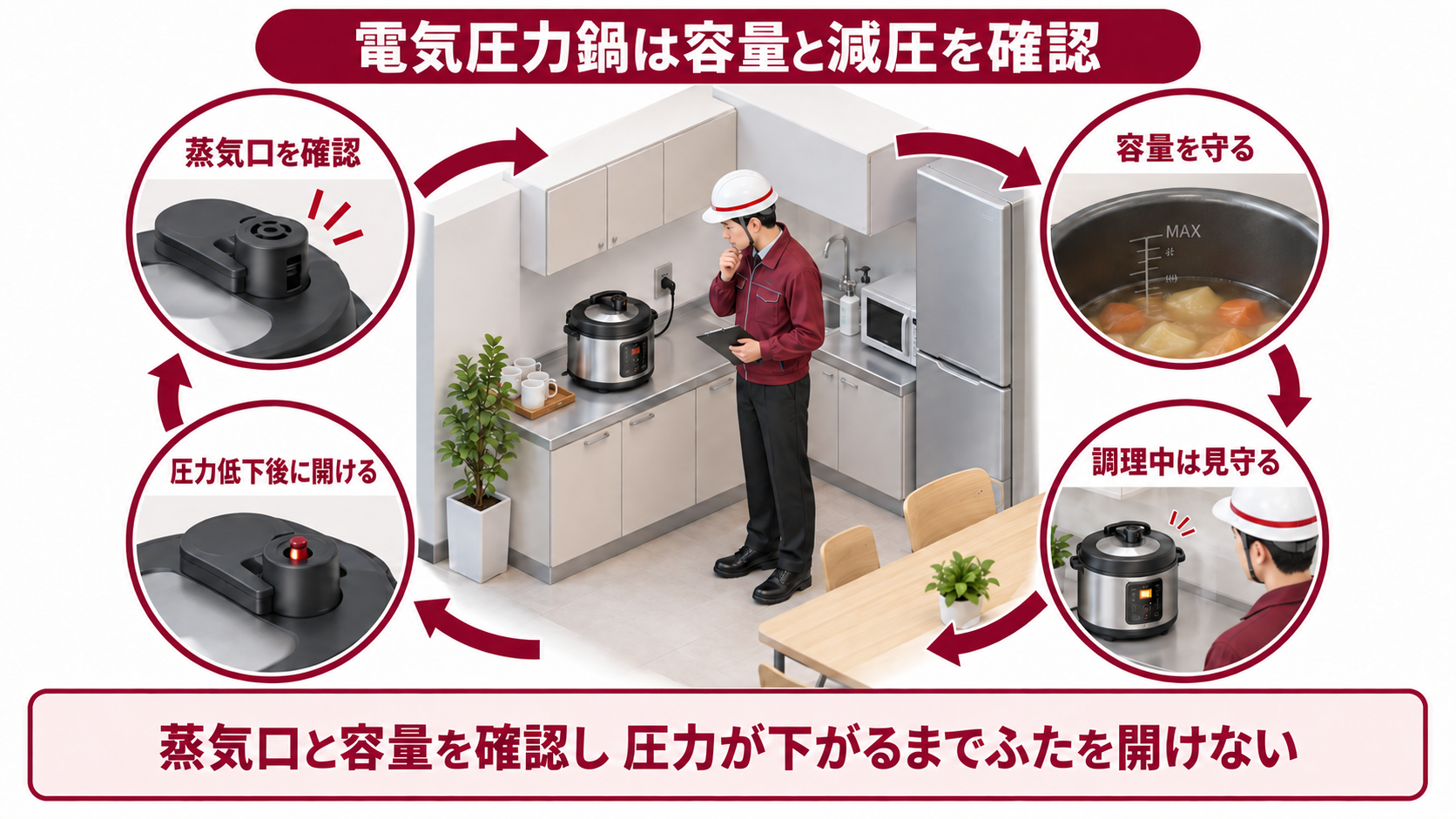 社内待機場所で電気圧力鍋の蒸気口と容量と減圧確認を行う中央一場面のアイソメ図