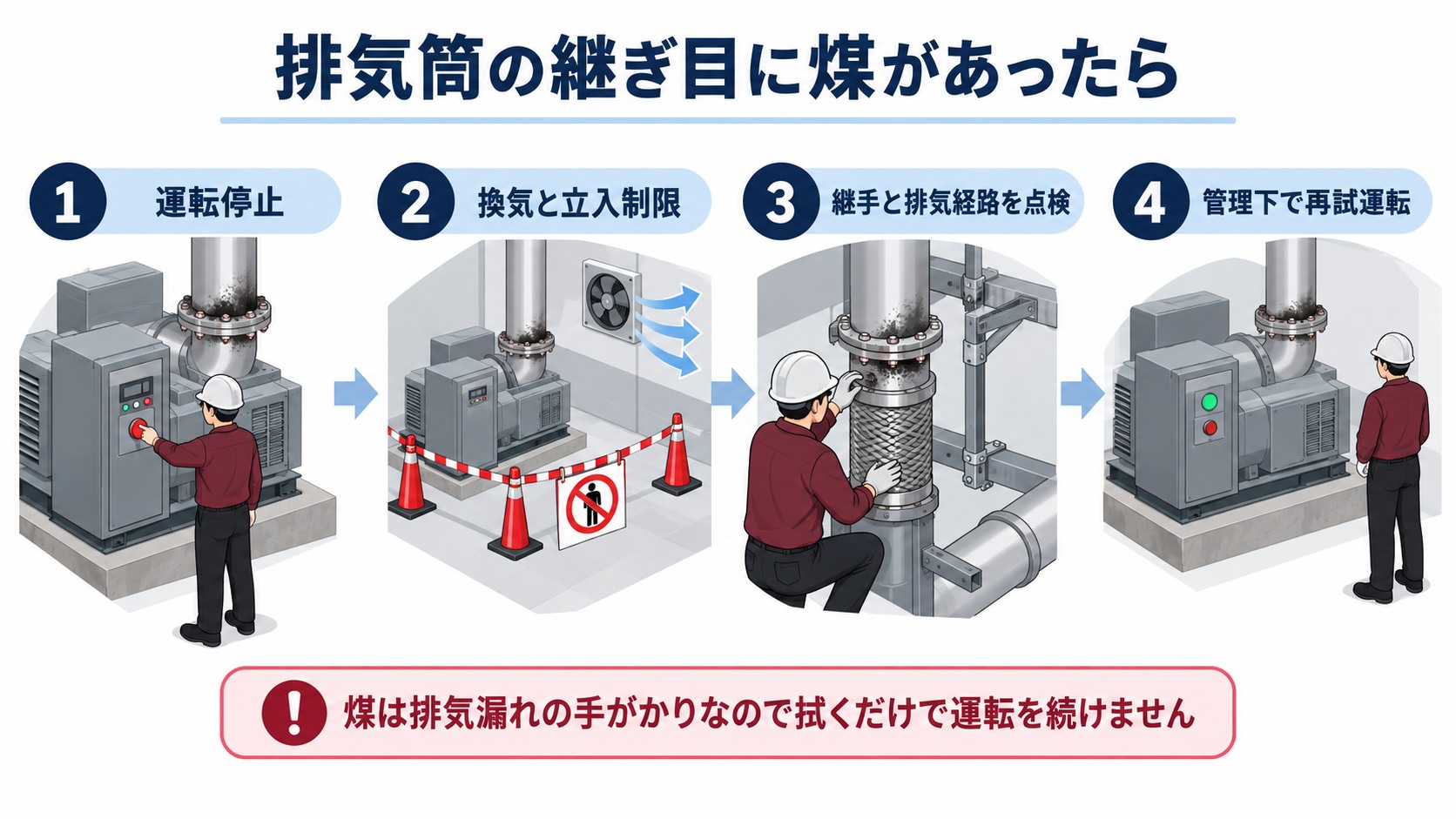 排気筒の継ぎ目に煤を見つけてから運転停止と専門点検を経て復旧する流れ