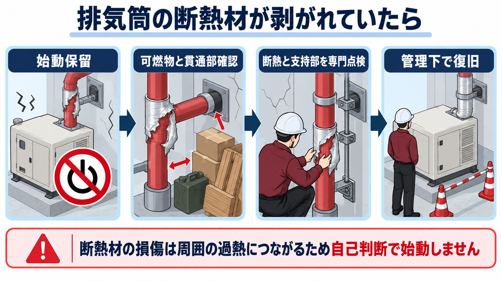 排気筒の断熱材損傷を見つけてから始動保留と専門点検を経て復旧する流れ