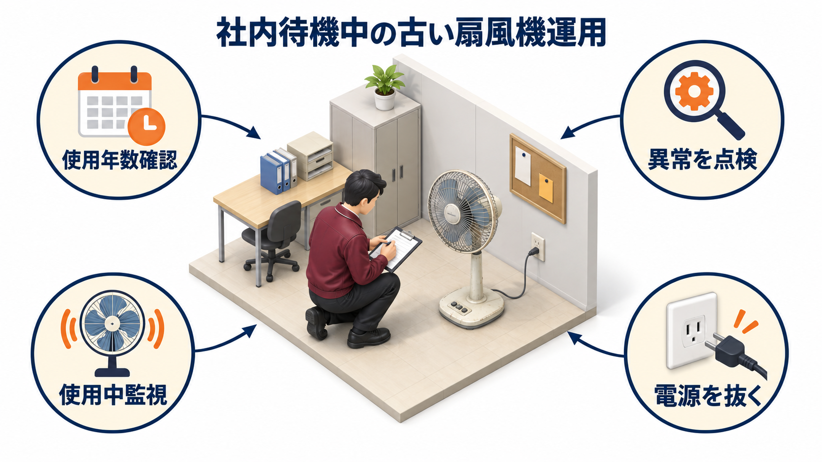 社内待機中に古い扇風機の使用年数確認と異常点検と使用中監視と抜栓を行う中央一場面のアイソメ図