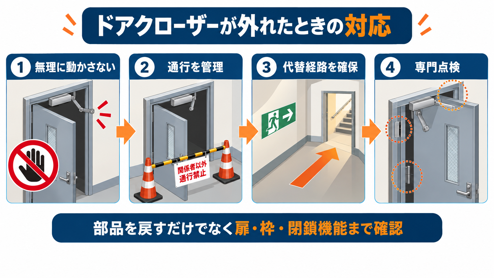 ドアクローザーの損傷発見から専門点検までの四段階インフォグラフィック