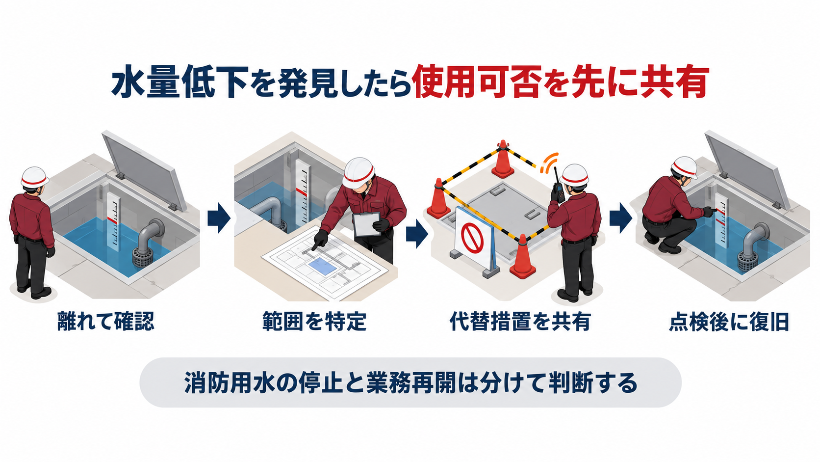 消防用水の水位低下を離れて確認し範囲特定と代替措置と専門点検へつなぐアイソメ図
