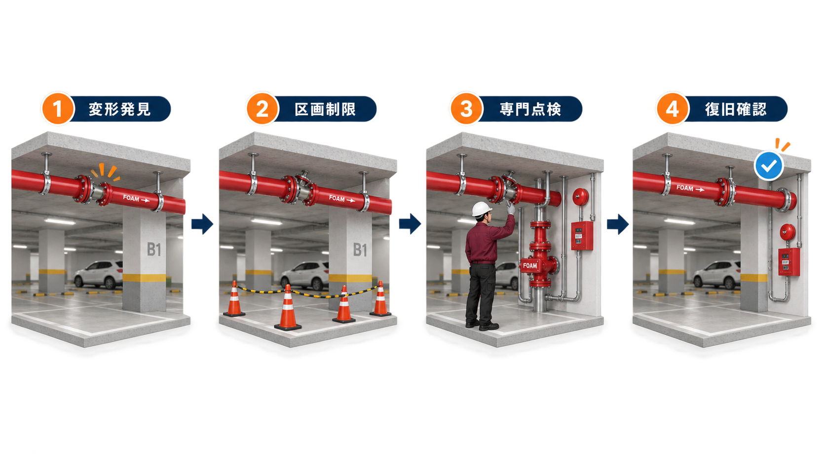 感知継手の変形を発見して区画管理と専門点検を経て復旧確認する流れ