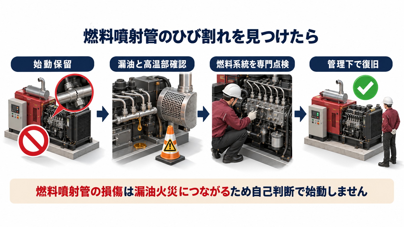 燃料噴射管のひび割れ発見から始動保留と専門点検を経て復旧する流れ