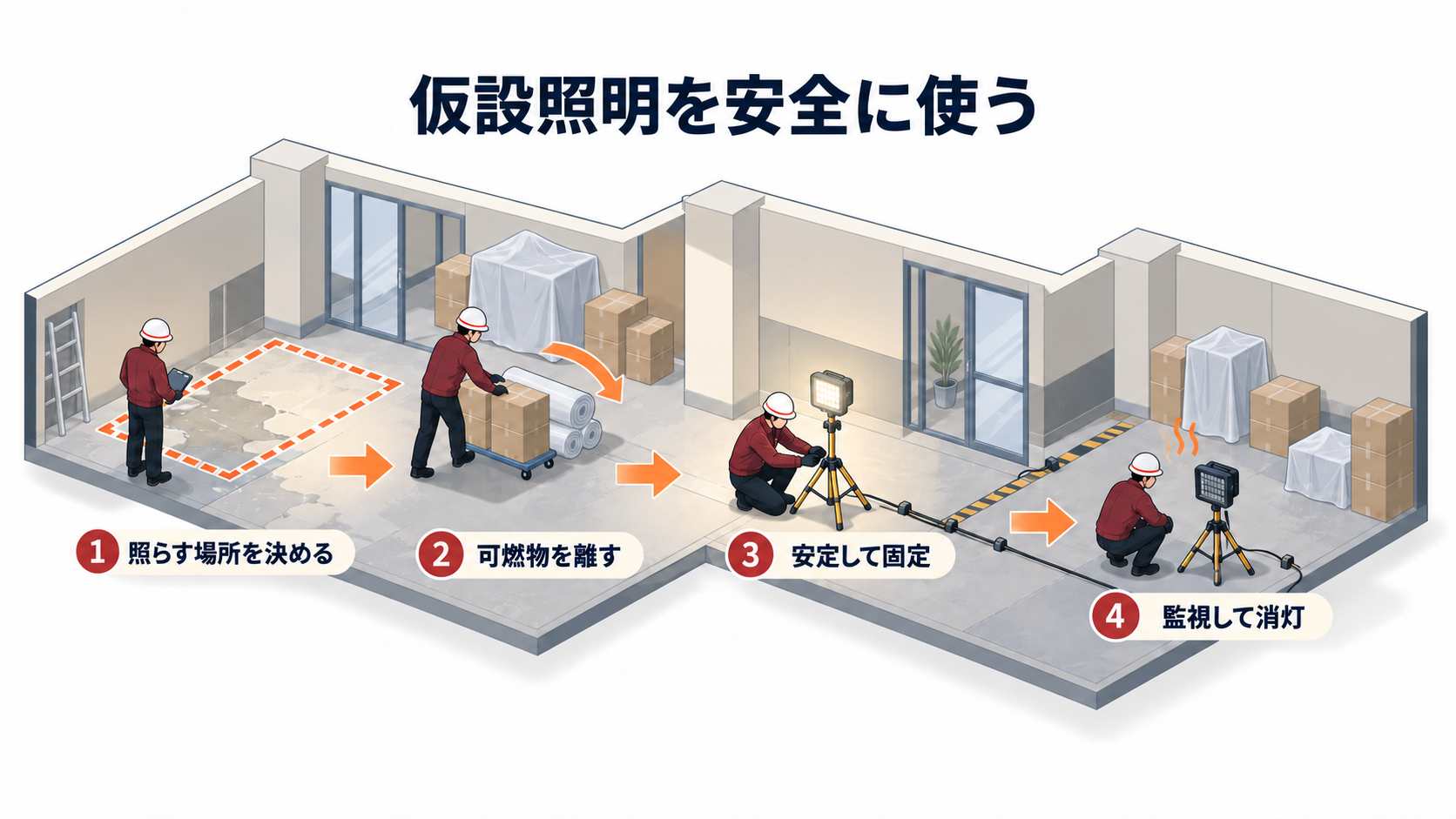 災害復旧中に投光器を可燃物から離して固定し監視して消灯する流れのアイソメ図