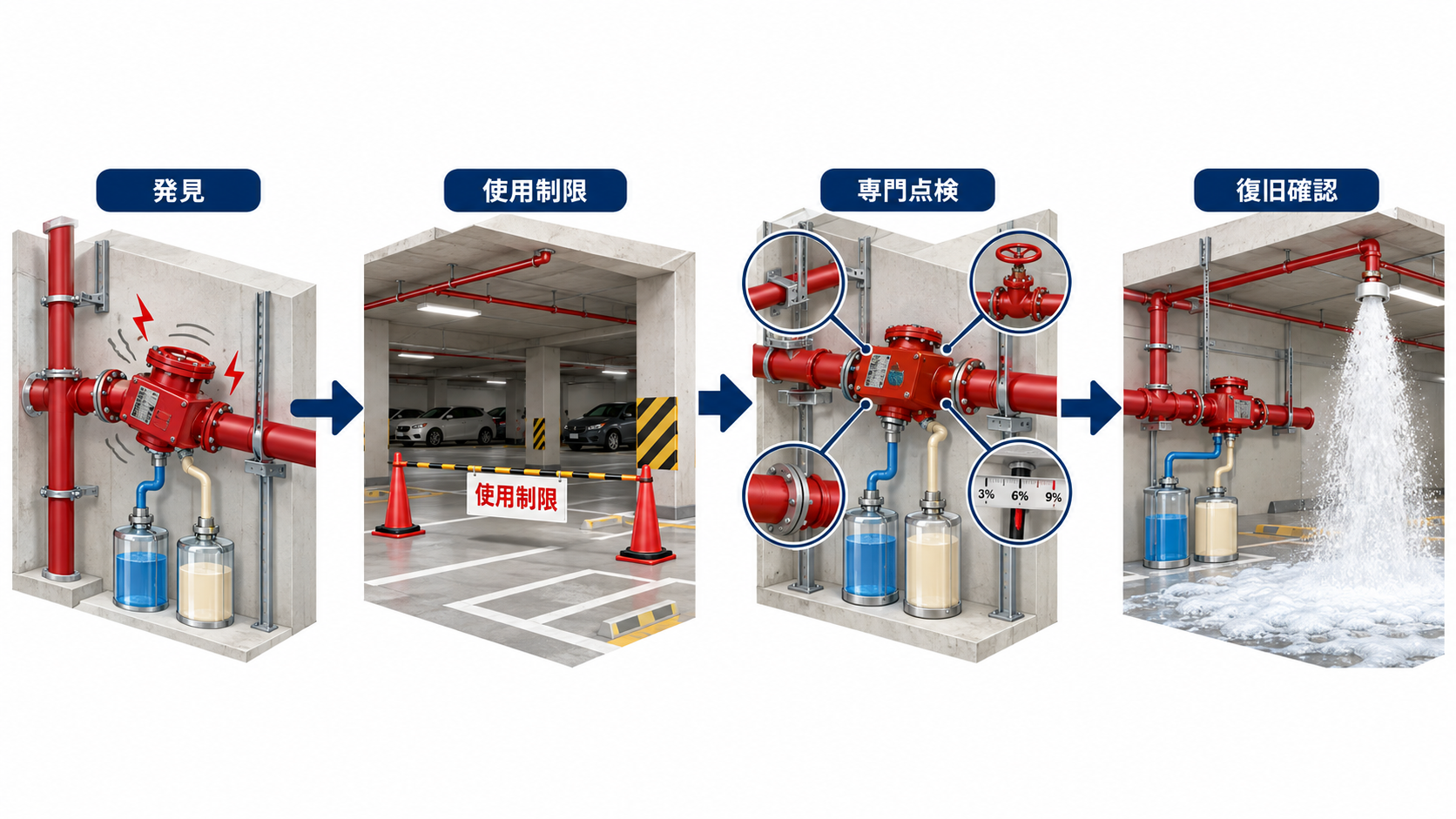 泡消火設備の混合装置の異常発見から使用制限と専門点検を経て復旧確認する流れ