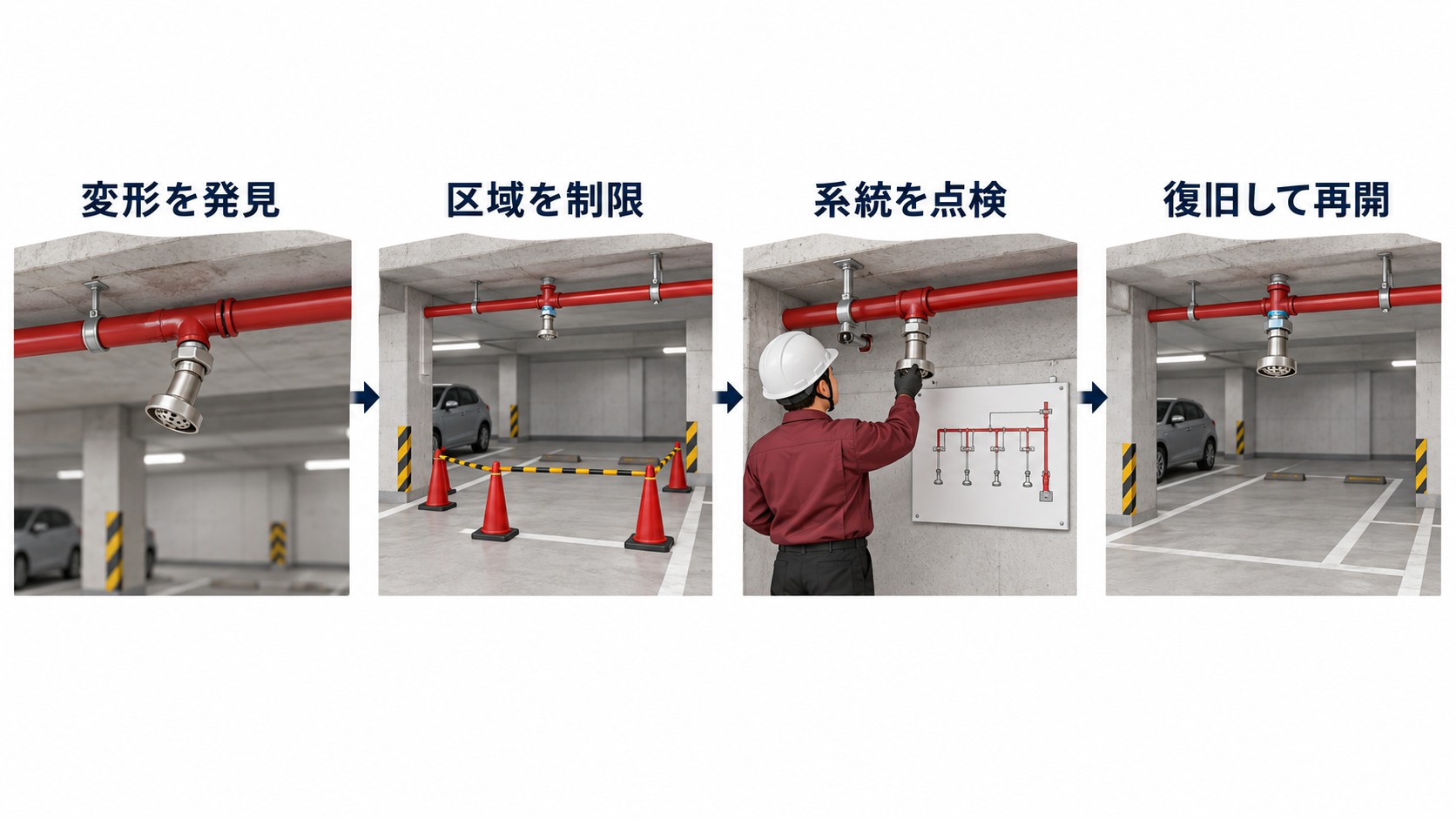 泡放出口の変形を発見して使用保留と区域確認から専門点検と復旧確認へ進む横長インフォグラフィック