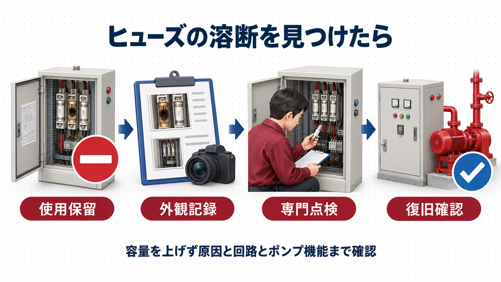 消防ポンプ制御盤のヒューズが溶断したとき使用保留から外観記録と専門点検を経て復旧確認へ進む横長インフォグラフィック