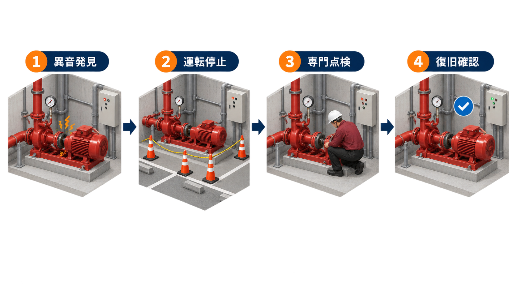 泡消火設備の加圧送水装置で異音を発見して運転停止と専門点検を経て復旧確認する流れ