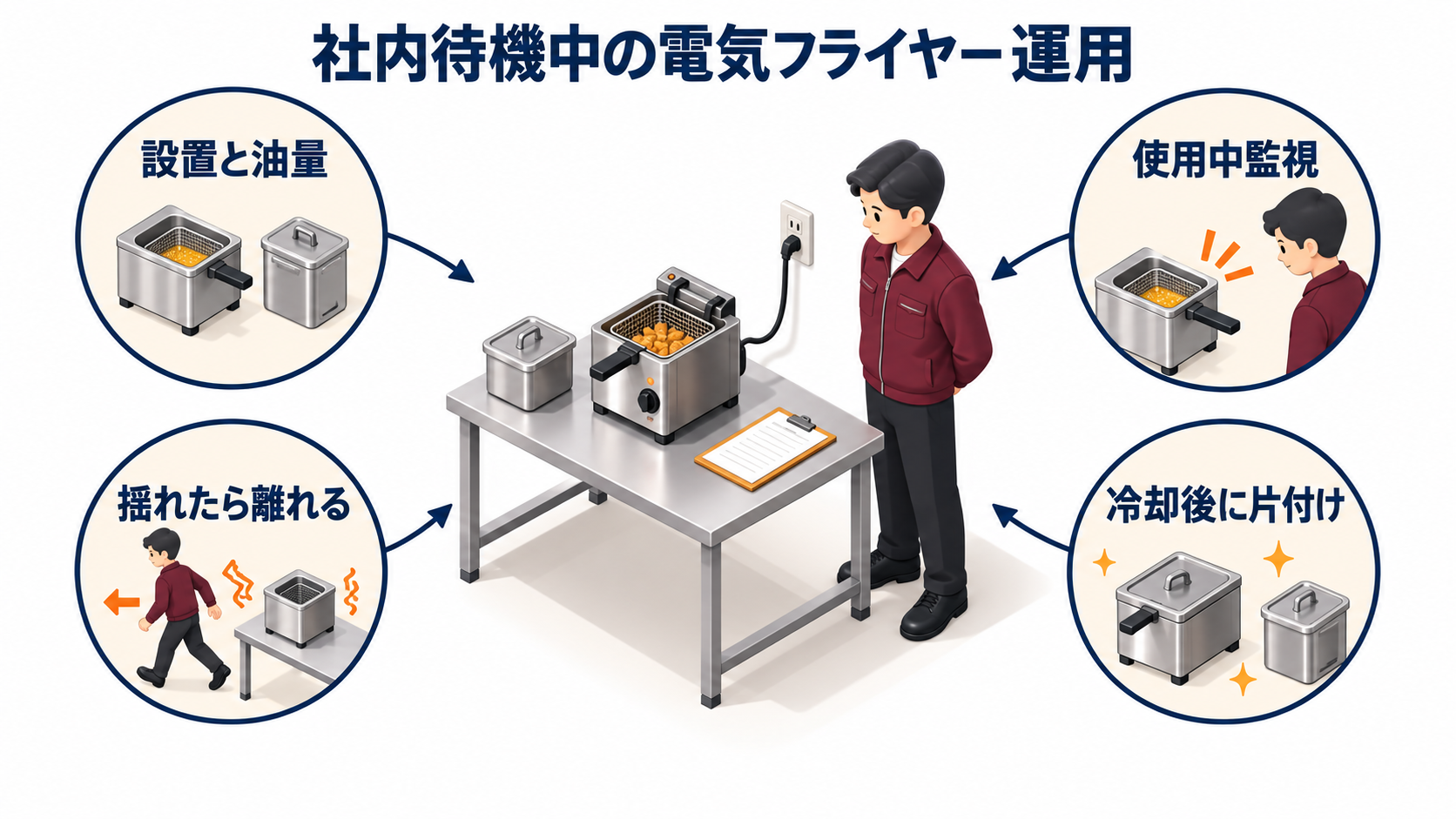 社内待機中の電気フライヤーについて設置確認と使用中監視と揺れからの退避と冷却後の片付けを示す中央一場面のアイソメ図