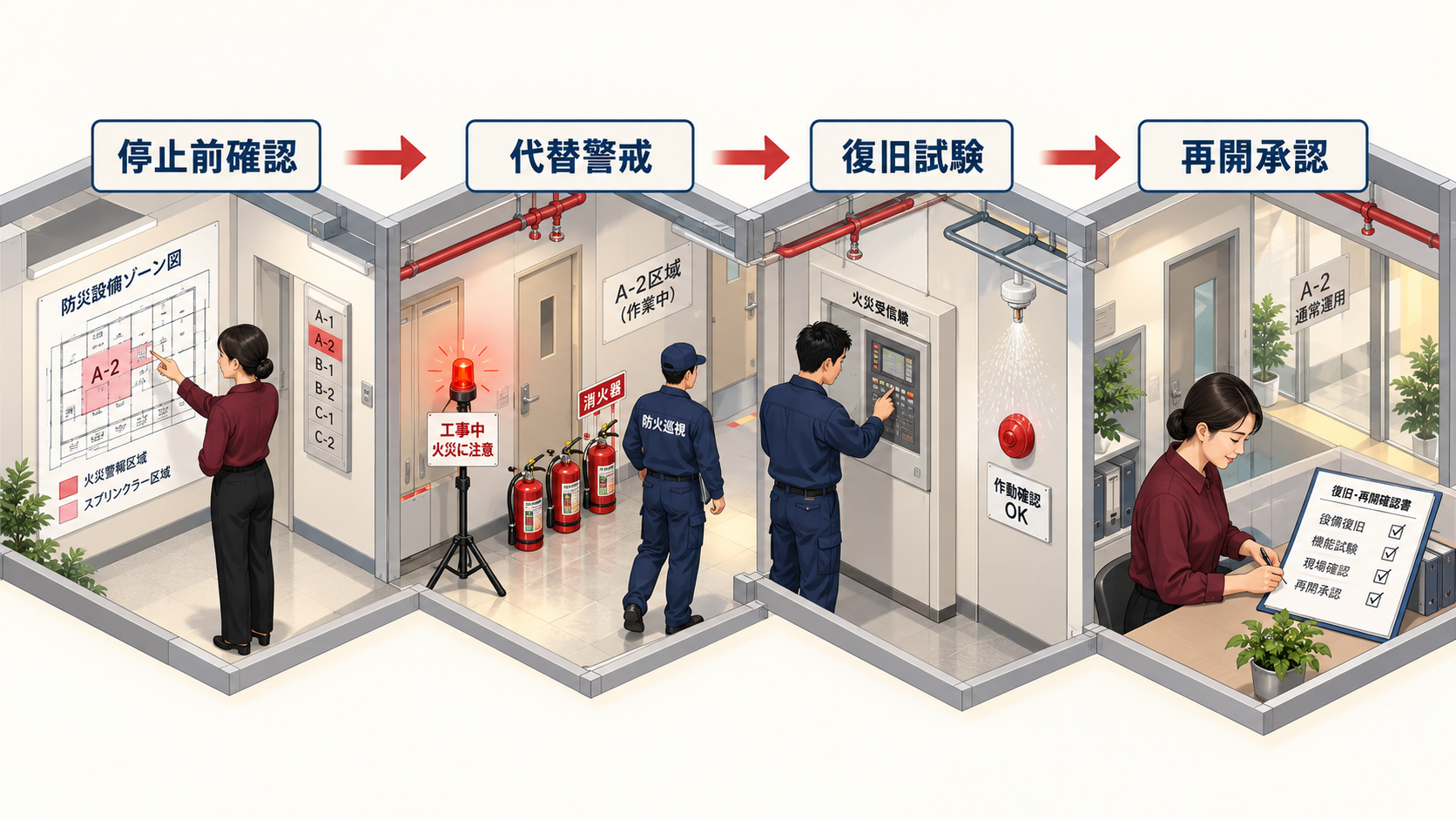 災害復旧工事で消防用設備を停止する前に代替設備と巡回警戒を決めて復旧確認まで進める流れ