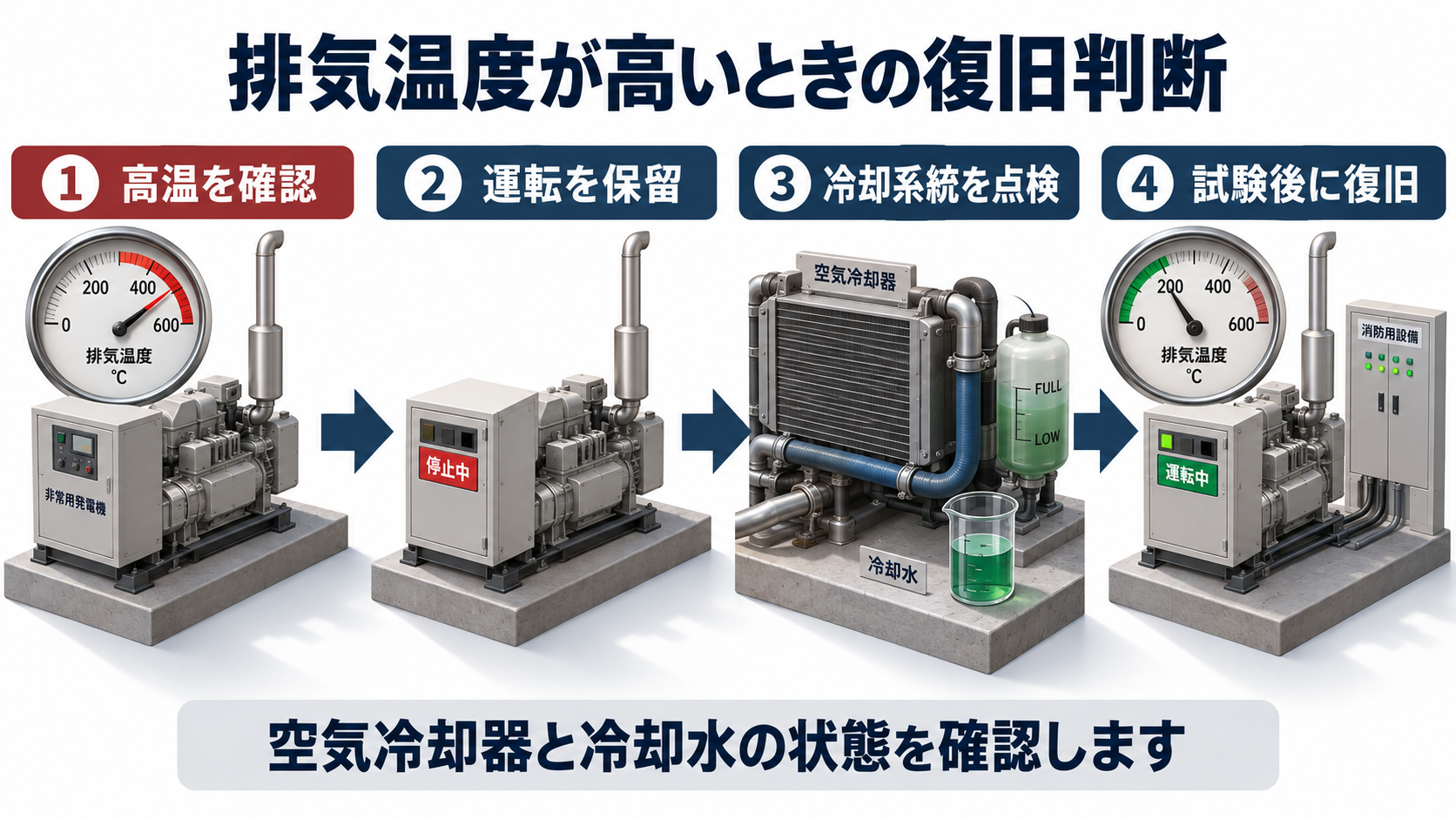 排気温度の異常高を確認して運転保留と冷却系統点検と試験後の復旧判断を行う４工程の横長アイソメ図