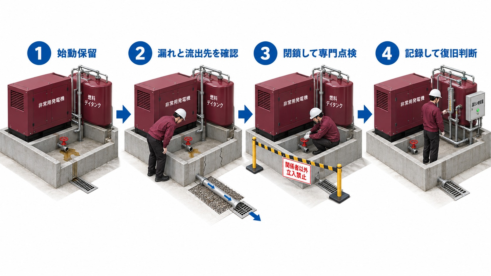 地震後に自家発電設備の防油堤排水弁が開いていた場合の始動保留から復旧判断までの流れ