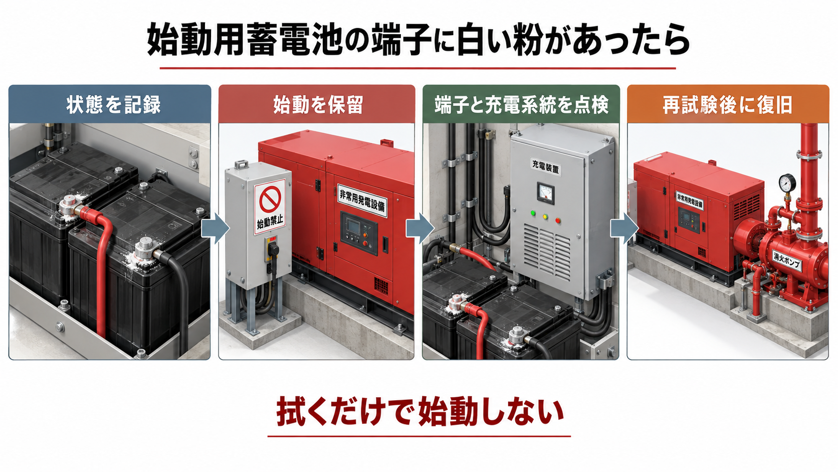 始動用蓄電池端子の状態記録から始動保留と充電系統点検を経て再試験後に復旧する４工程の横長アイソメ図