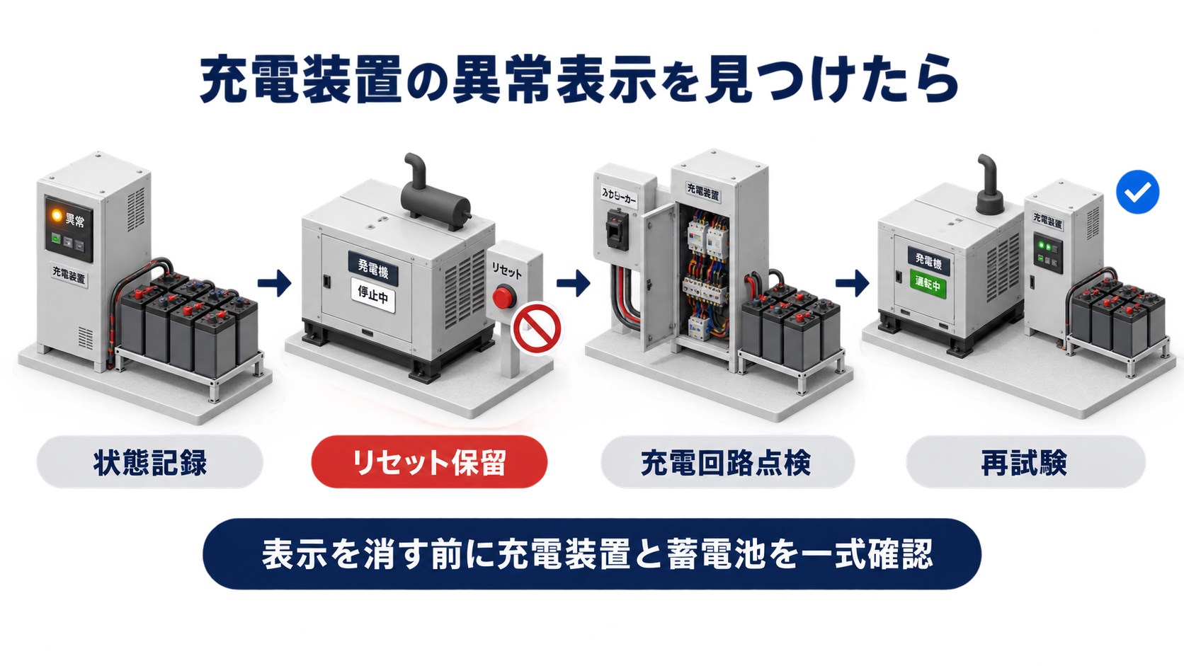 充電装置の異常表示を記録してリセット保留と充電回路点検を経て再試験する４工程の横長アイソメ図
