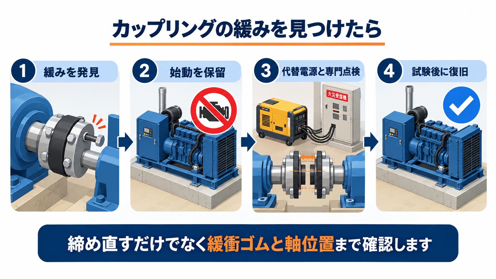 自家発電設備のカップリングボルトの緩みを発見して始動保留と代替電源確保と専門点検と復旧確認を行う４工程の横長アイソメ図