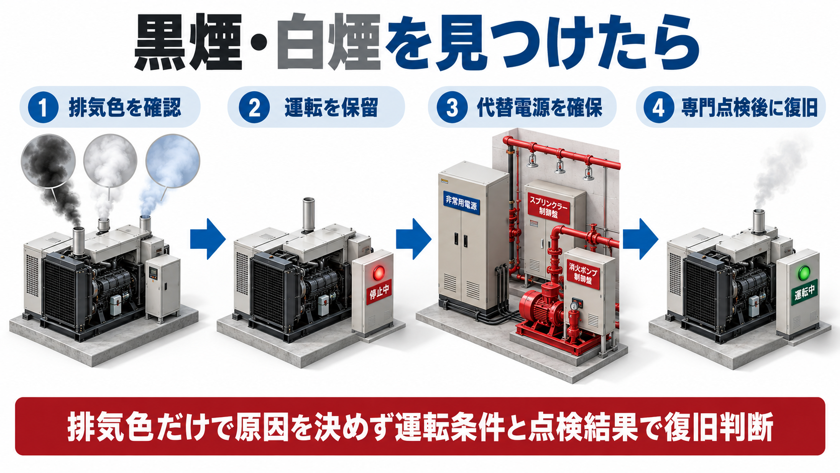黒煙や白煙の確認から運転保留と代替電源確保を経て専門点検後に復旧する4工程の横長アイソメ図
