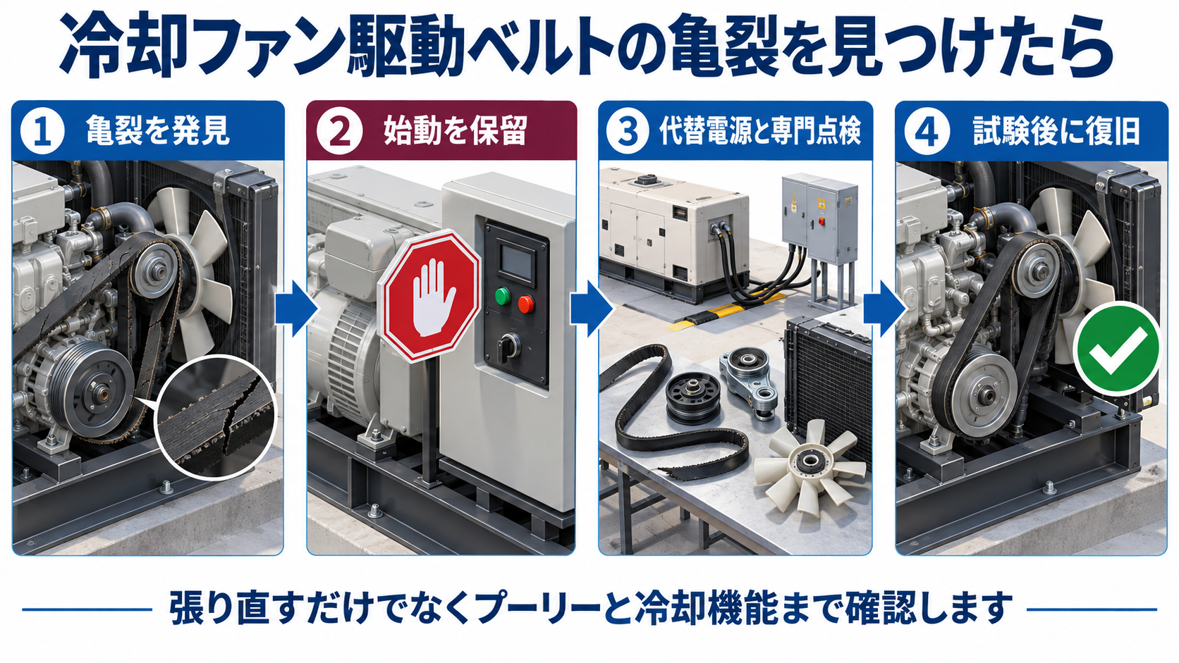 自家発電設備の冷却ファン駆動ベルトの亀裂を発見して始動保留と代替電源確保と専門点検と復旧確認を行う４工程の横長アイソメ図