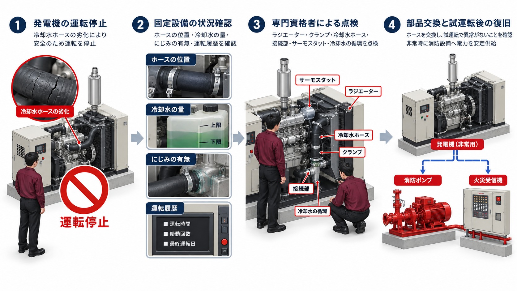 冷却水ホースの硬化発見から始動保留と専門点検を経て復旧する４工程の横長アイソメ図