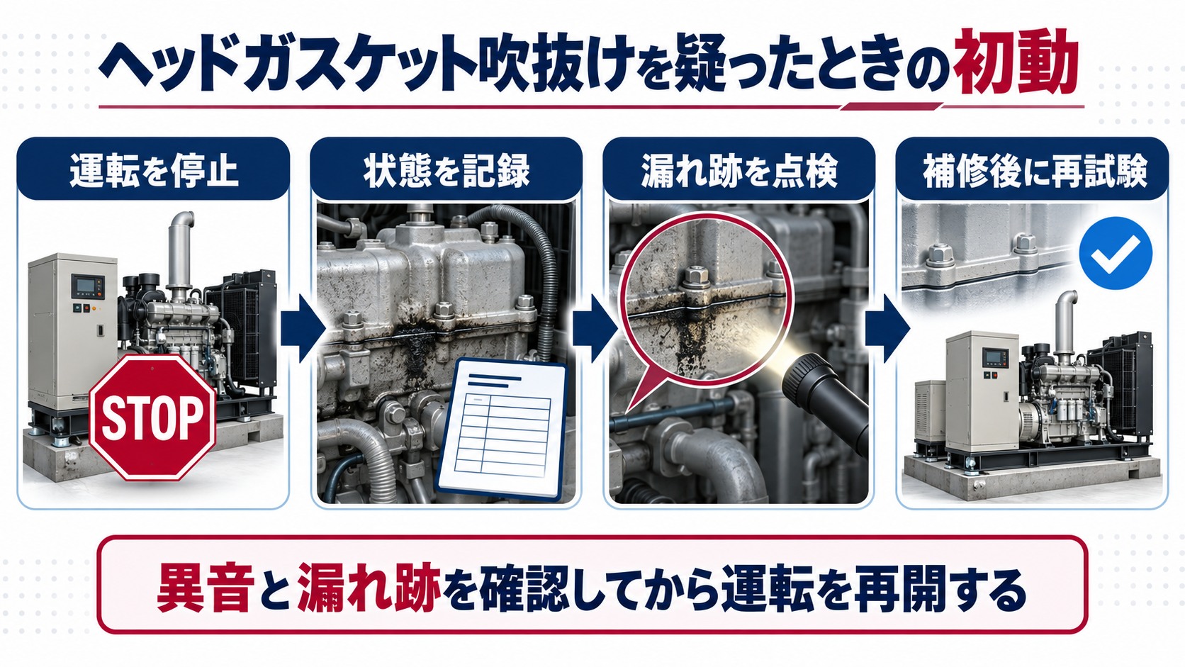 ヘッドガスケットの吹抜けを疑い運転停止から状態記録と漏れ跡点検を経て再試験する４工程の横長インフォグラフィック