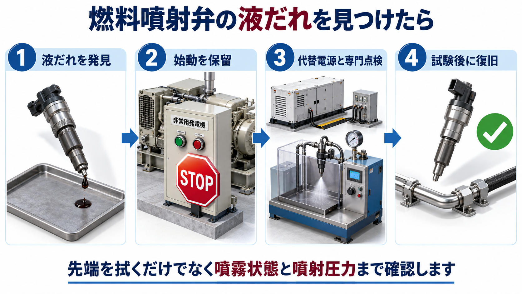 燃料噴射弁の液だれを発見して始動保留と代替電源確保と専門点検と復旧確認を行う４工程の横長アイソメ図