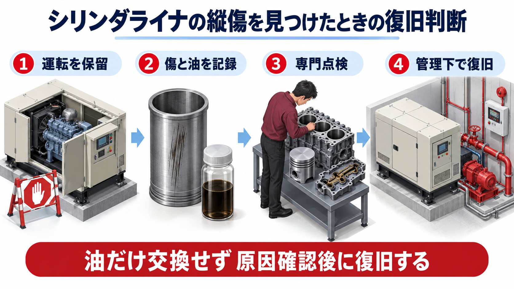 シリンダライナの縦傷発見から運転保留と専門点検を経て復旧する４工程の横長アイソメ図