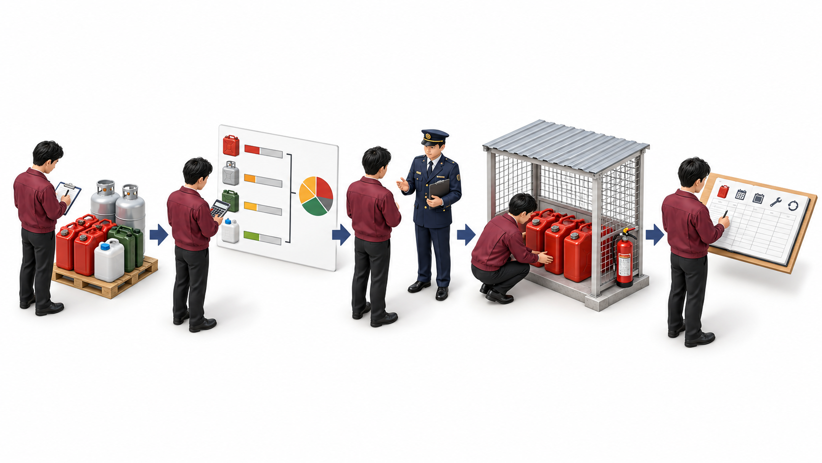 携帯発電機用ガソリンの数量確認から消防署相談と安全な保管と記録までを示すアイソメ図