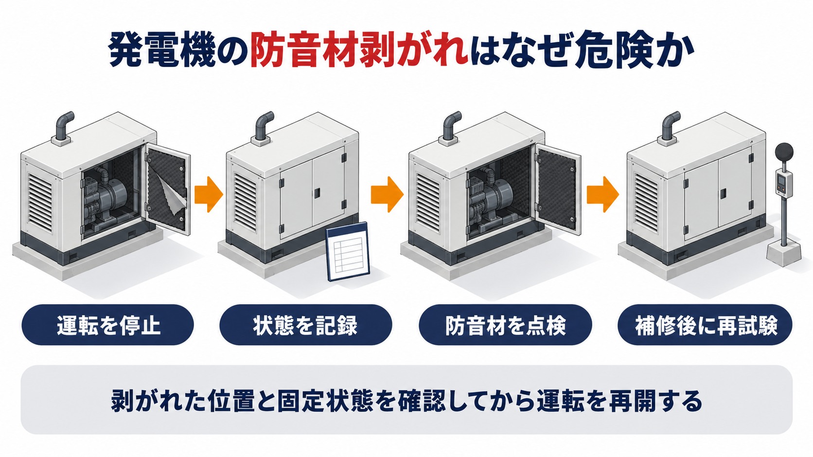防音材の剥がれを発見して運転停止から状態記録と目視点検を経て再試験する4工程の横長アイソメ図