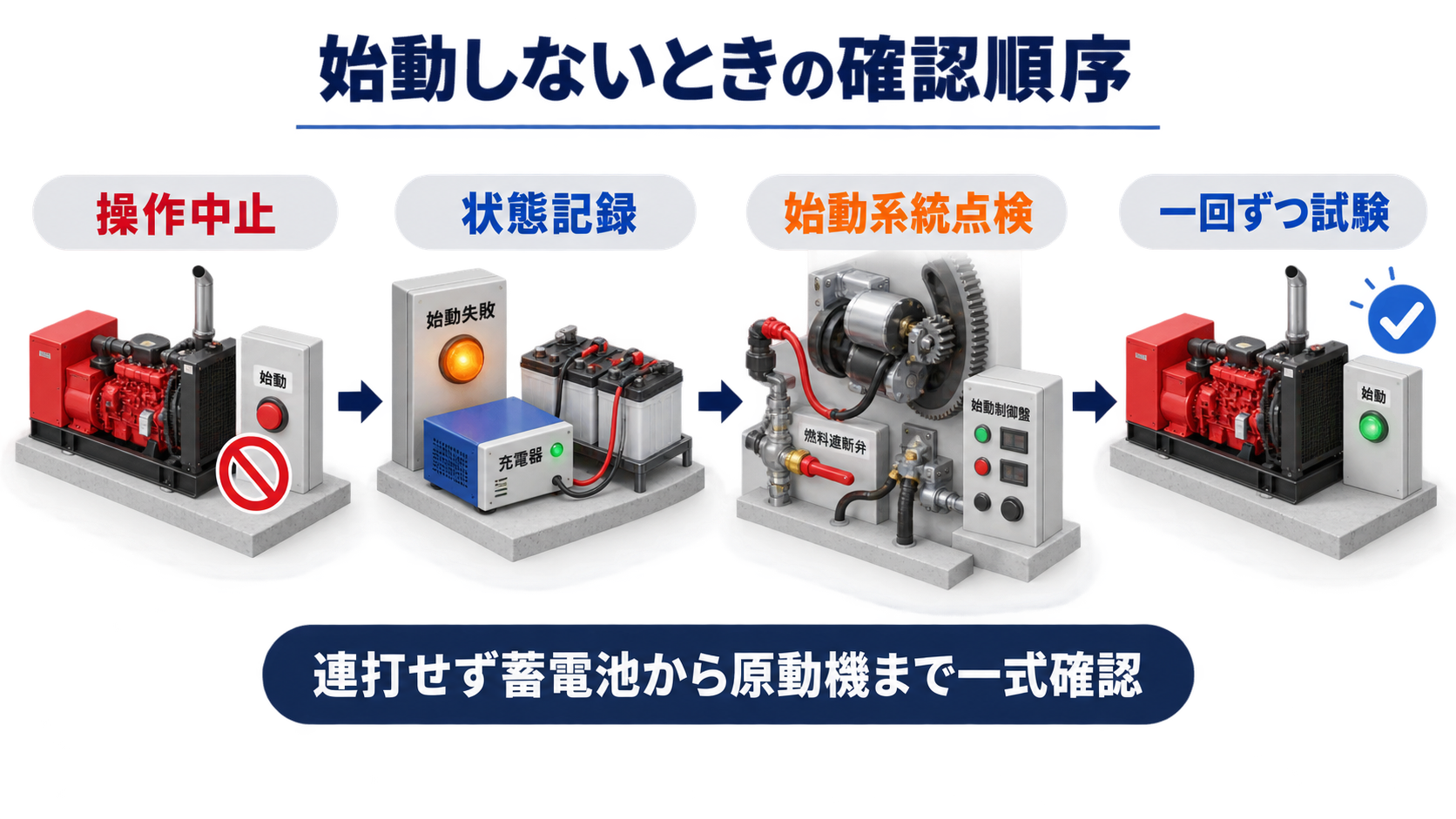 始動しない自家発電設備の操作を止めて状態記録と始動系統点検を経て一回ずつ再試験する4工程の横長アイソメ図