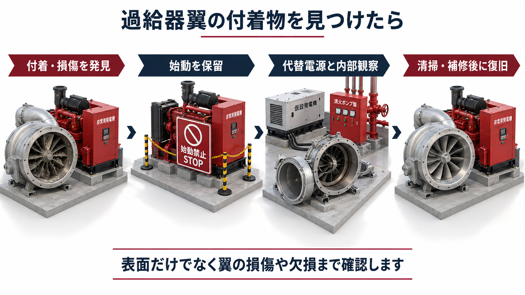 過給器翼の付着と損傷を発見して始動保留と代替電源確保と内部観察と復旧確認を行う４工程の横長アイソメ図