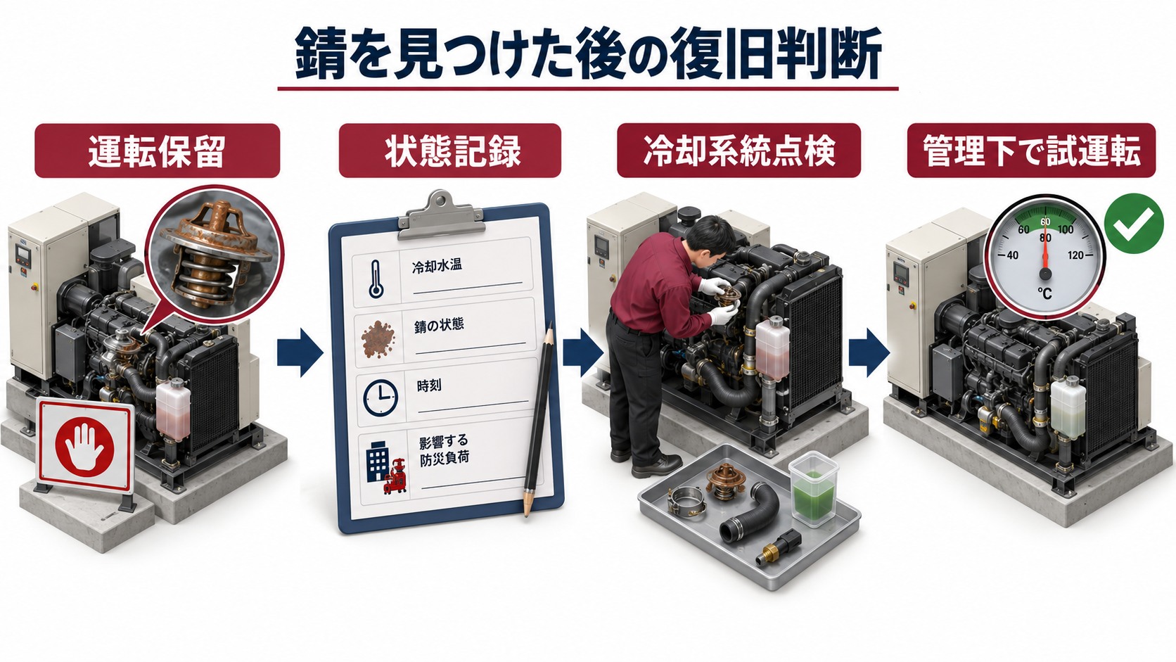 サーモスタットの錆を発見して運転保留から状態記録と冷却系統点検を経て管理下で試運転する４工程の横長アイソメ図