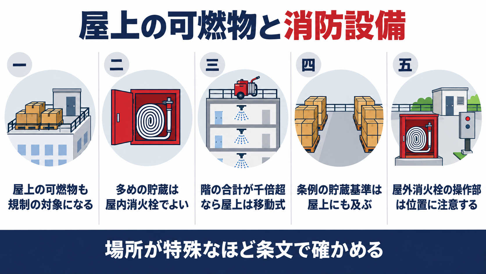 屋上の可燃物と消防設備の五題として、屋上の可燃物も規制の対象になる、多めの貯蔵は屋内消火栓でよい、階の合計が千倍超なら屋上は移動式、条例の貯蔵基準は屋上にも及ぶ、屋外消火栓の操作部は位置に注意する、を並べた図解