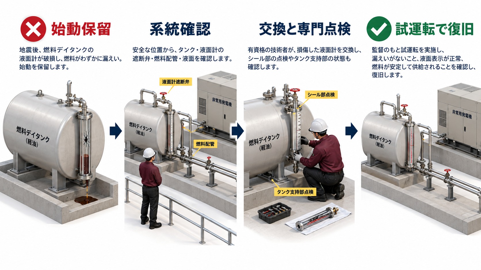 地震後に燃料タンク液量計が割れた場合の始動保留から専門点検と復旧までの流れ