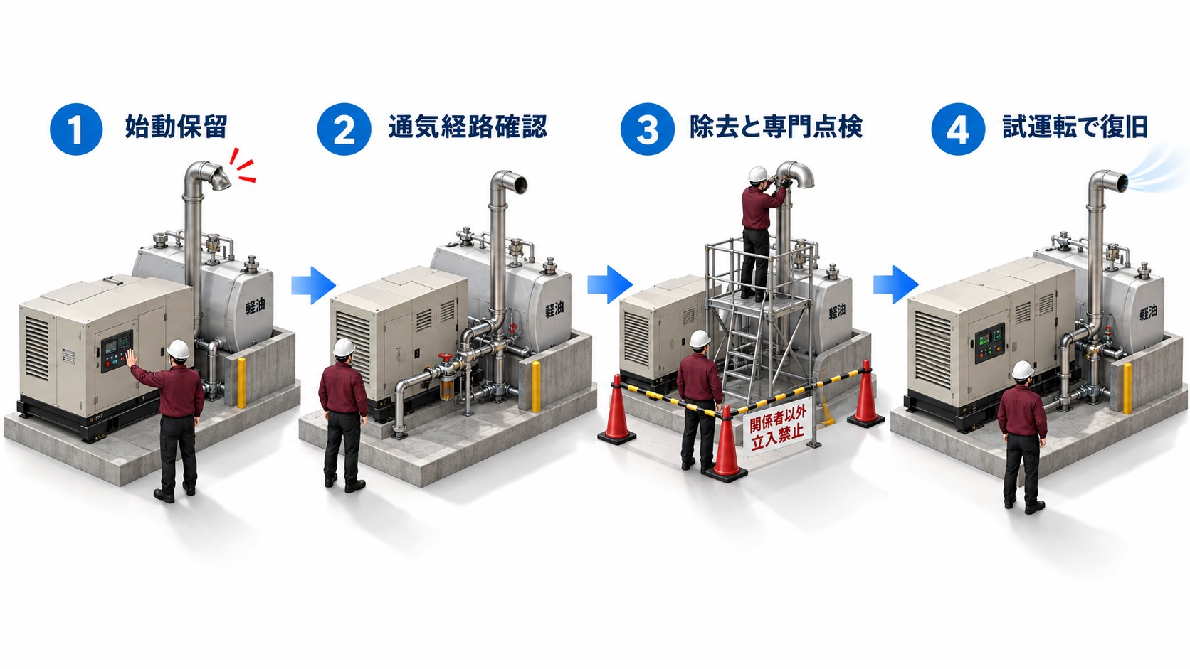 地震後に燃料タンク通気管が塞がれた場合の始動保留から専門点検と復旧までの流れ