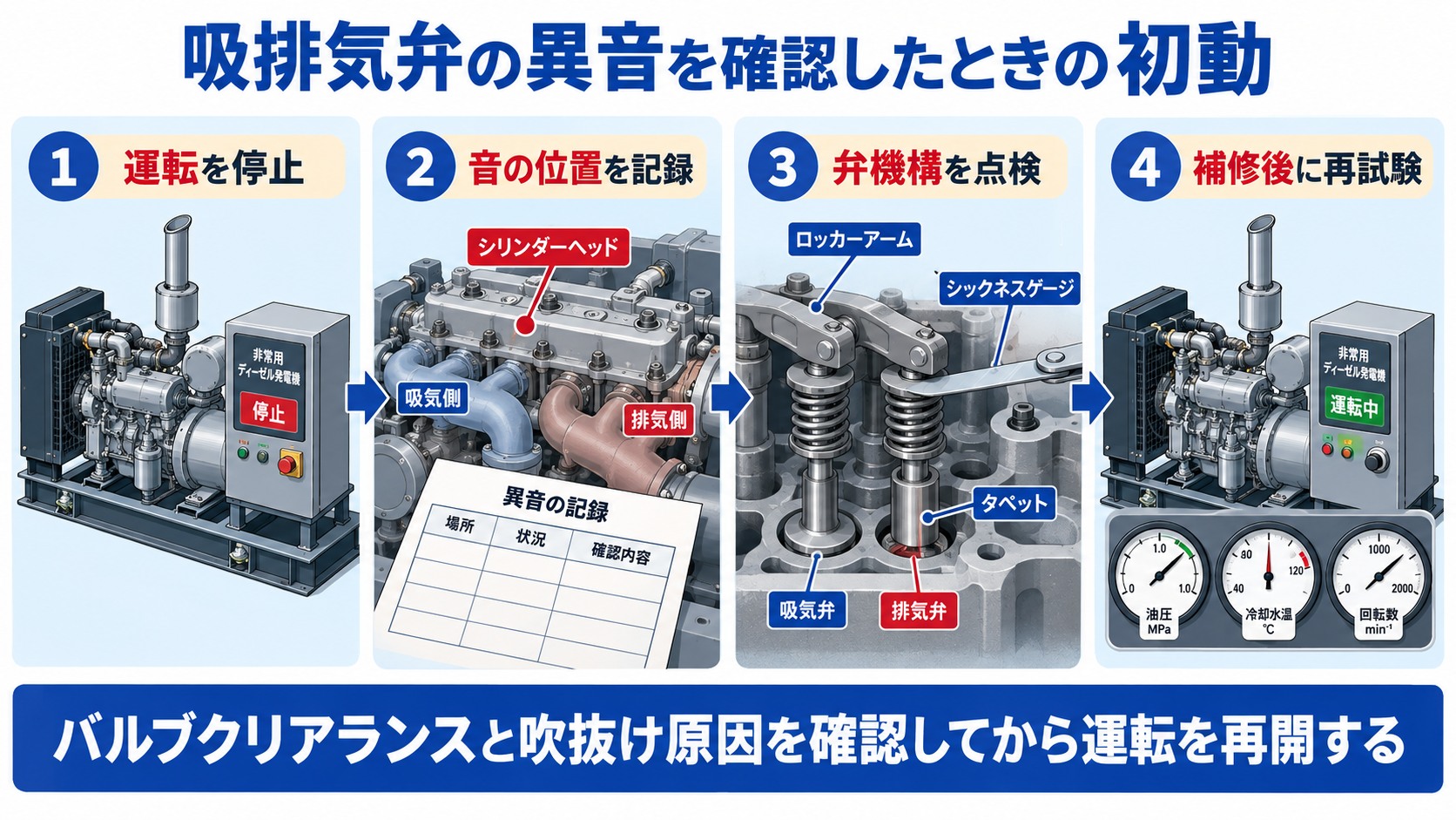 吸排気弁の異音を確認して運転停止から音の位置記録と弁機構点検を経て再試験する４工程の横長インフォグラフィック