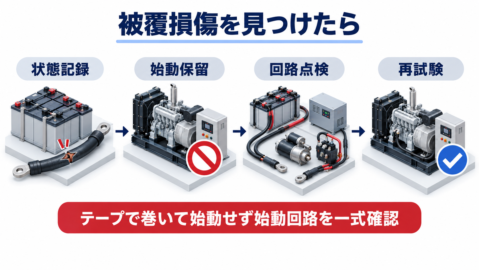 始動用蓄電池ケーブルの被覆損傷を記録して始動保留と回路点検を経て再試験する4工程の横長アイソメ図