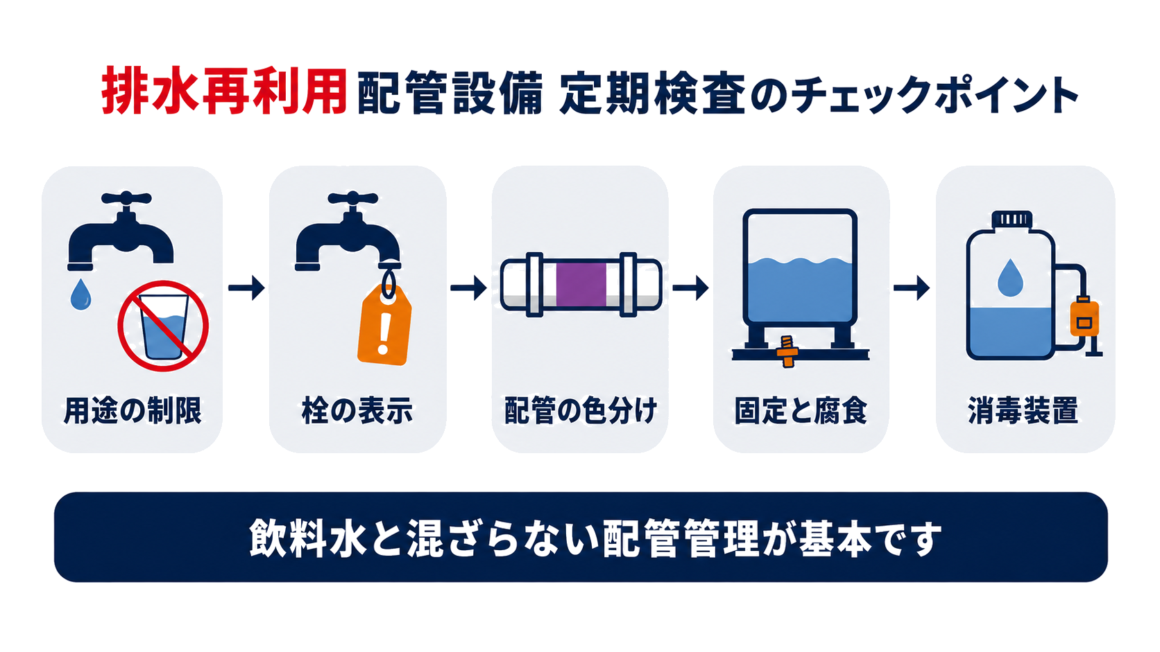 雑用水の配管設備定期検査における5つのチェックポイントを示す図解
