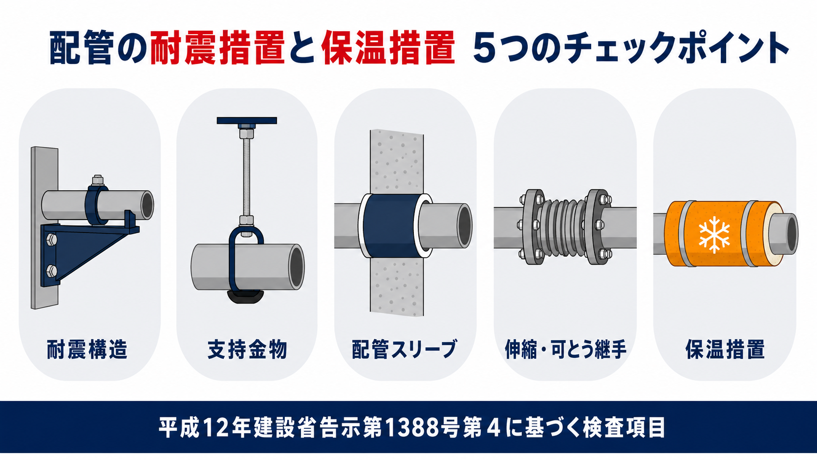 給水管や排水管の耐震措置と保温措置の５つのチェックポイントを示す図解