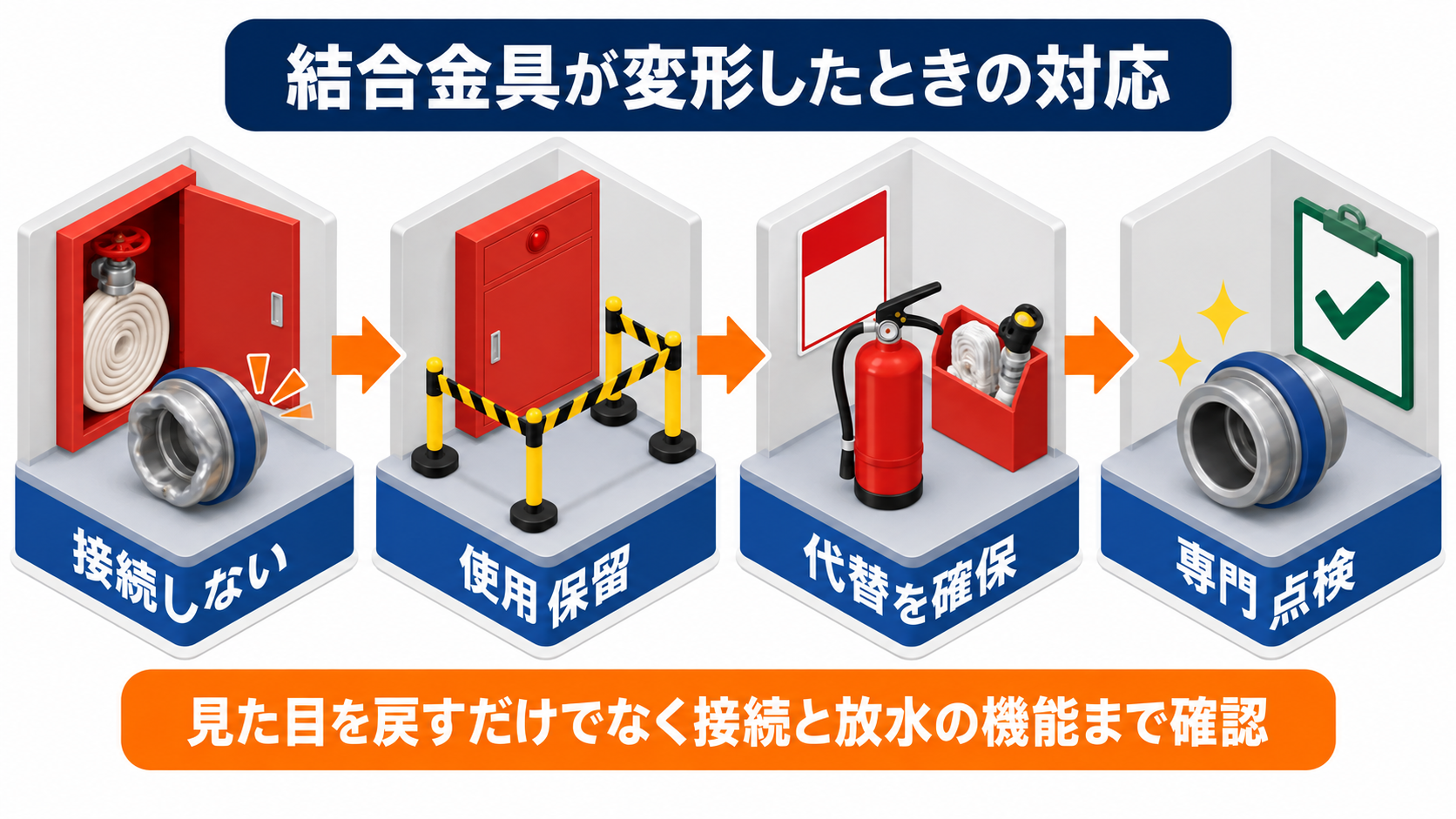 屋内消火栓ホースの結合金具変形を発見してから復旧までの四段階インフォグラフィック