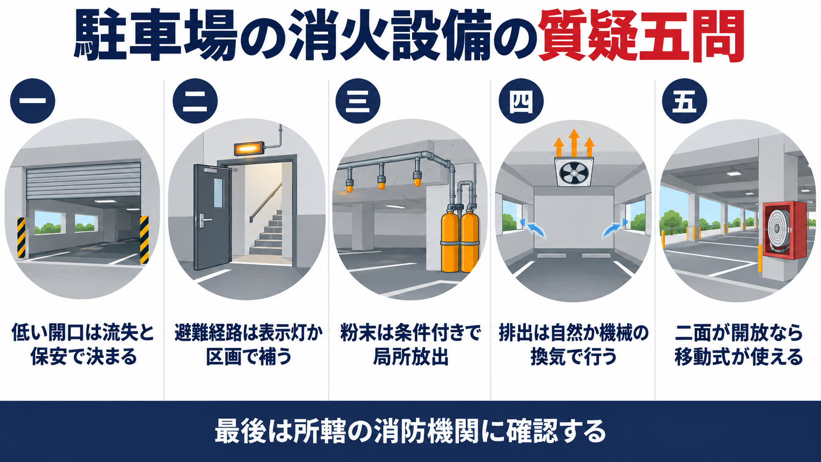 駐車場の消火設備の質疑応答五問として、低い開口は流失と保安で決まる、避難経路は表示灯か区画で補う、粉末は条件付きで局所放出、排出は自然か機械の換気で行う、二面が開放なら移動式が使える、を並べた図解