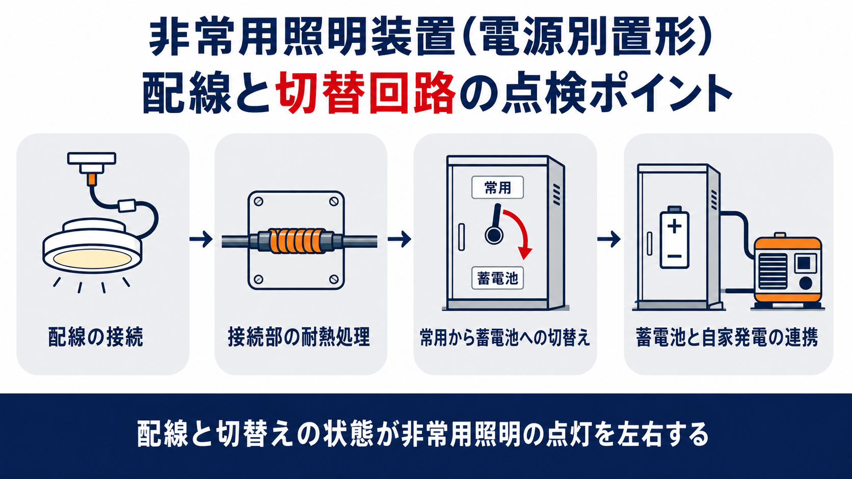電源別置形の非常用照明装置の配線と切替回路の点検ポイントを示す図解