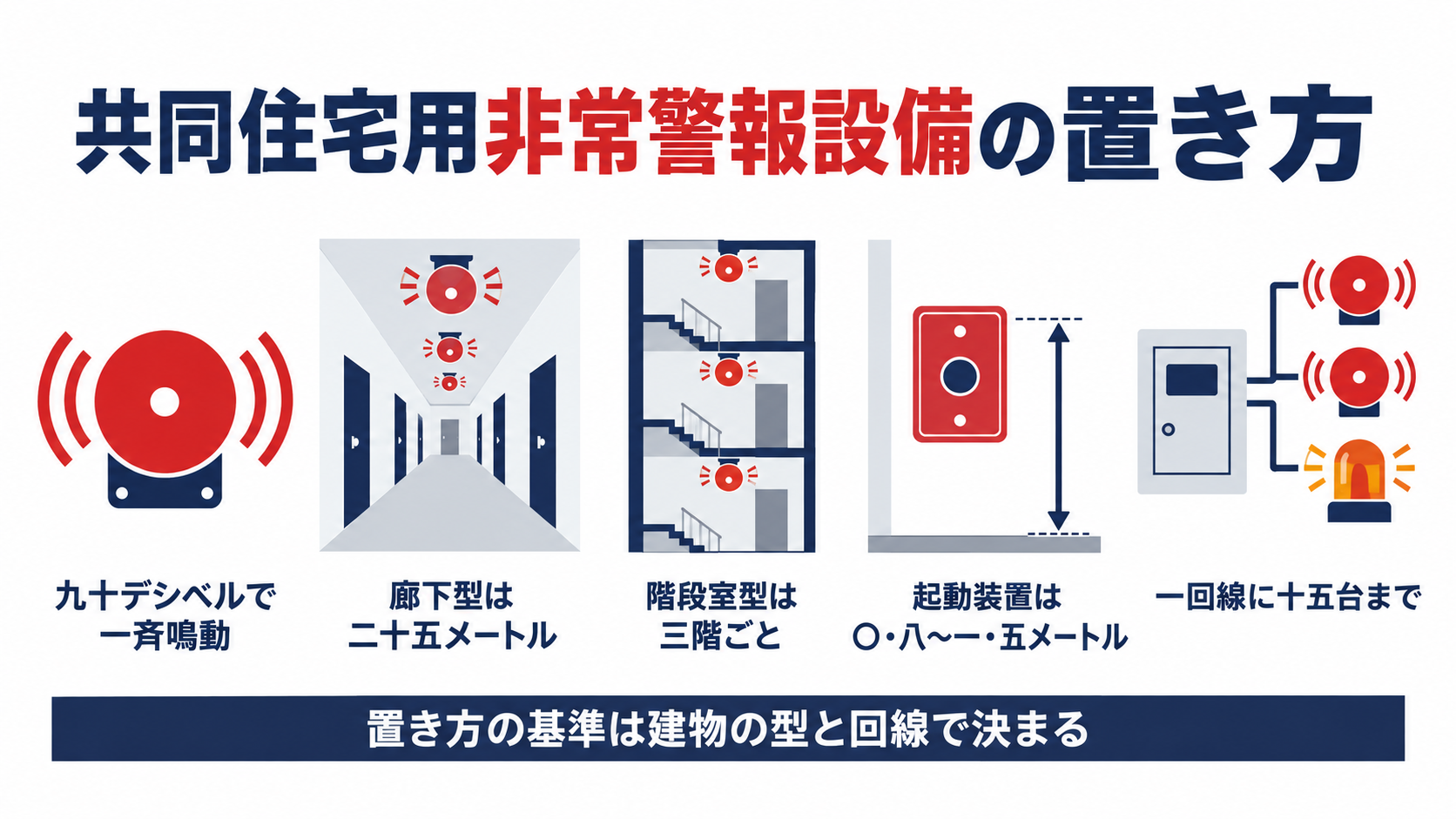 共同住宅用非常警報設備の音響装置・起動装置・操作部の設置基準を示す図解