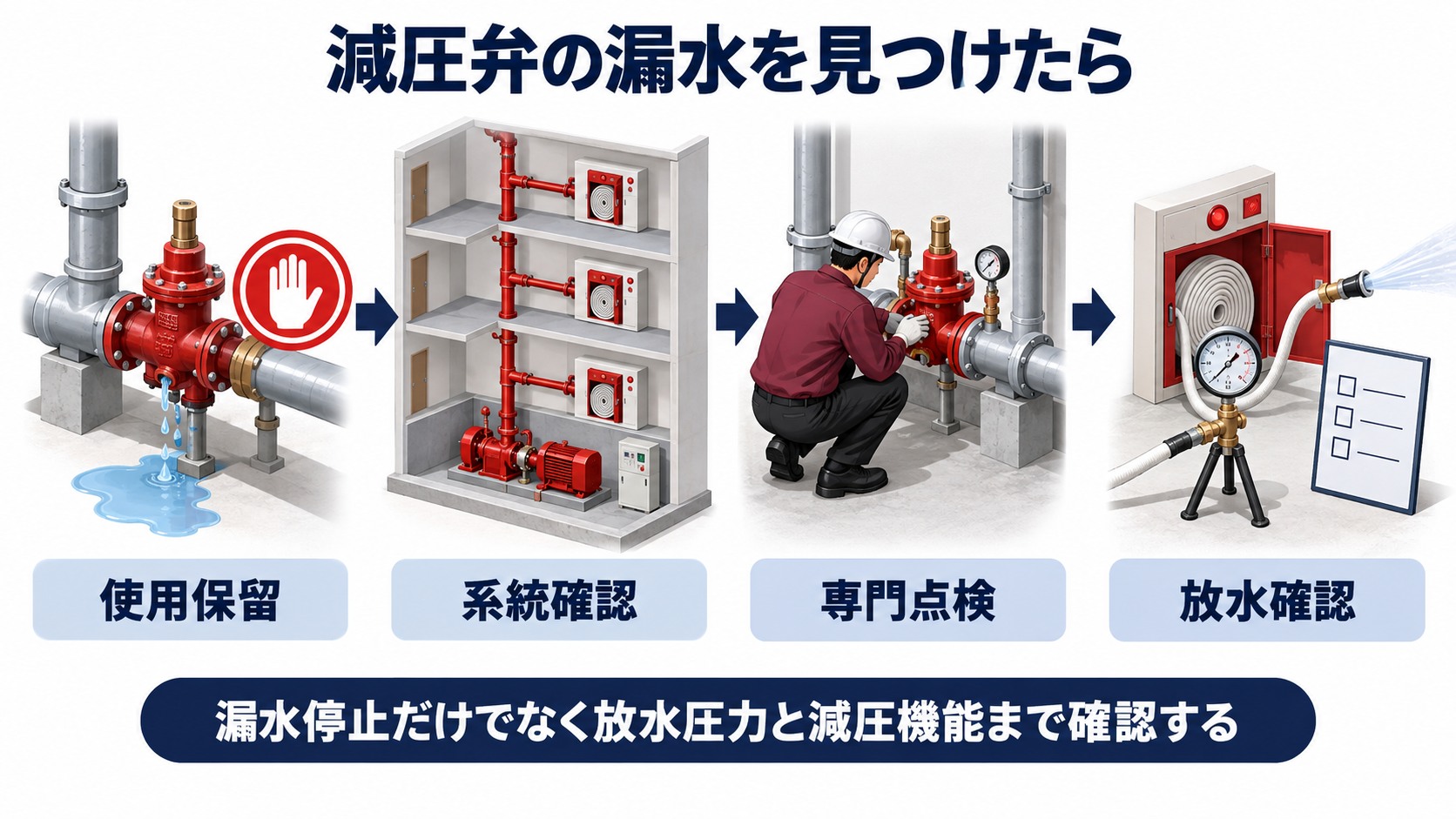 減圧弁の漏水発見から使用保留と系統確認と専門点検と放水確認へ進む流れを示す横長インフォグラフィック