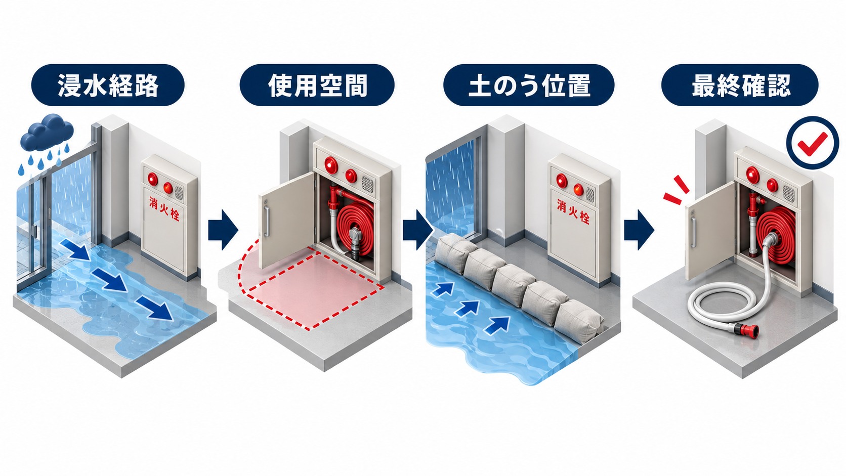 浸水経路と屋内消火栓の使用空間を確認して土のうを配置する四段階の横長インフォグラフィック