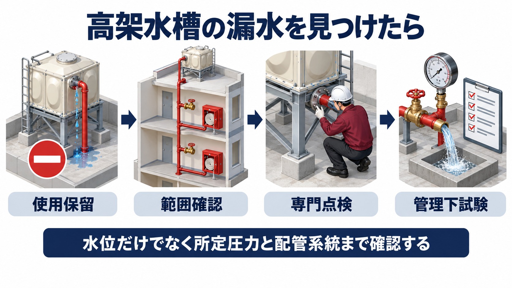 高架水槽の漏水発見から使用保留と範囲確認と専門点検と管理下試験へ進む四工程の横長インフォグラフィック