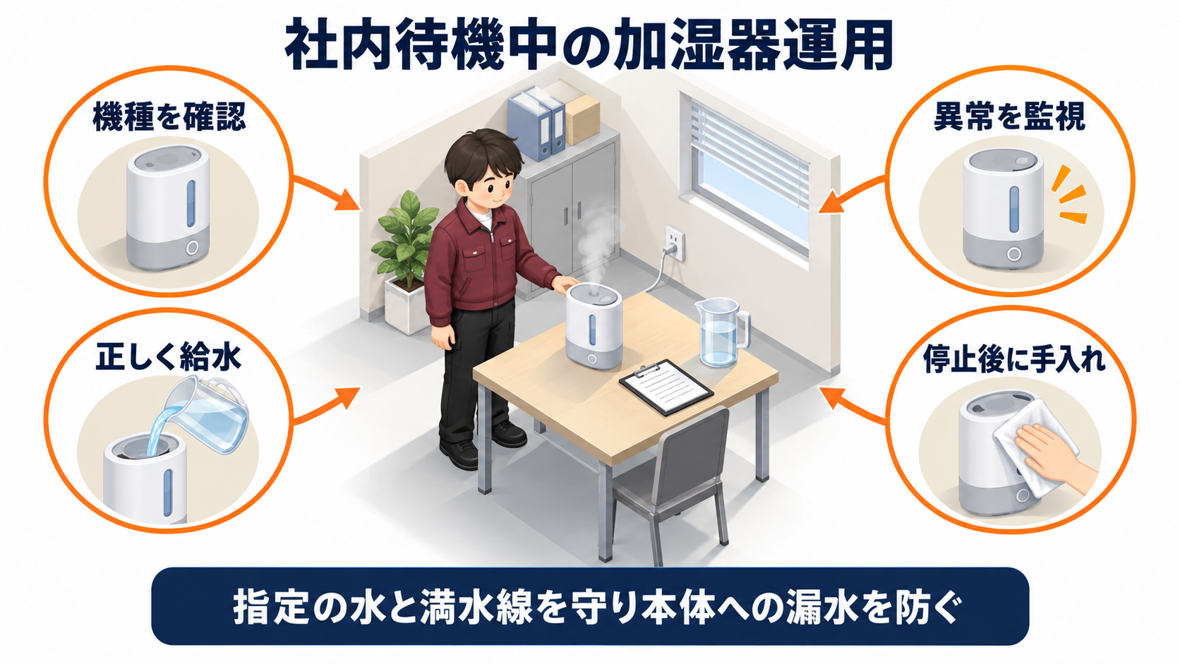 社内待機中の加湿器について機種確認と正しい給水と使用中の監視と停止後の手入れを示す中央一場面のアイソメ図